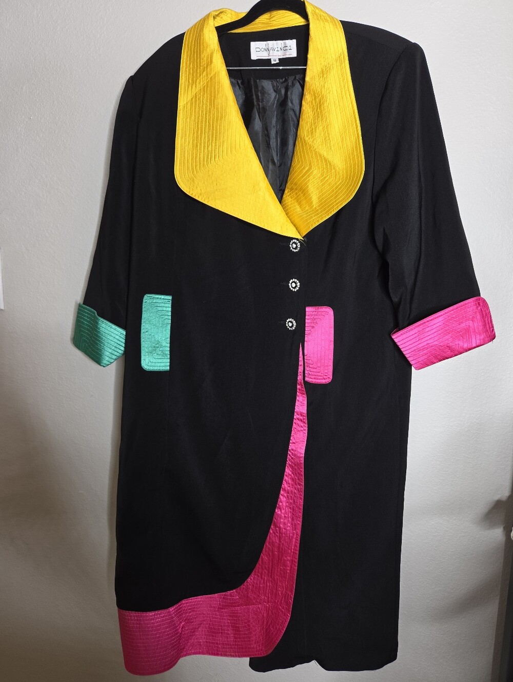 Donna Vinci Vintage Long Blazer Coat Black With Bright Cuffs Lapel Size 18